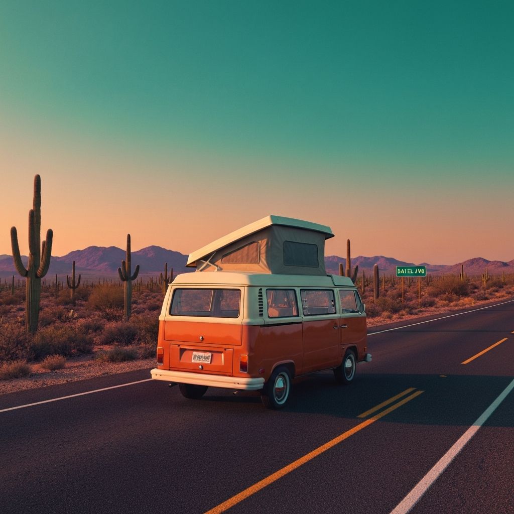 A 1979 VW Westfalia driving through the Sonoran desert at golden hour